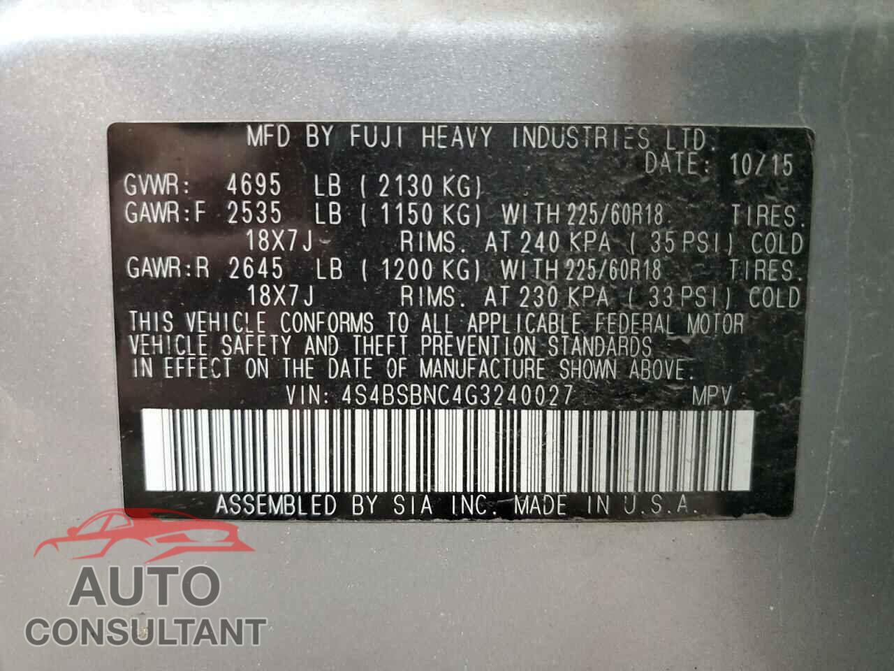 SUBARU OUTBACK 2016 - 4S4BSBNC4G3240027