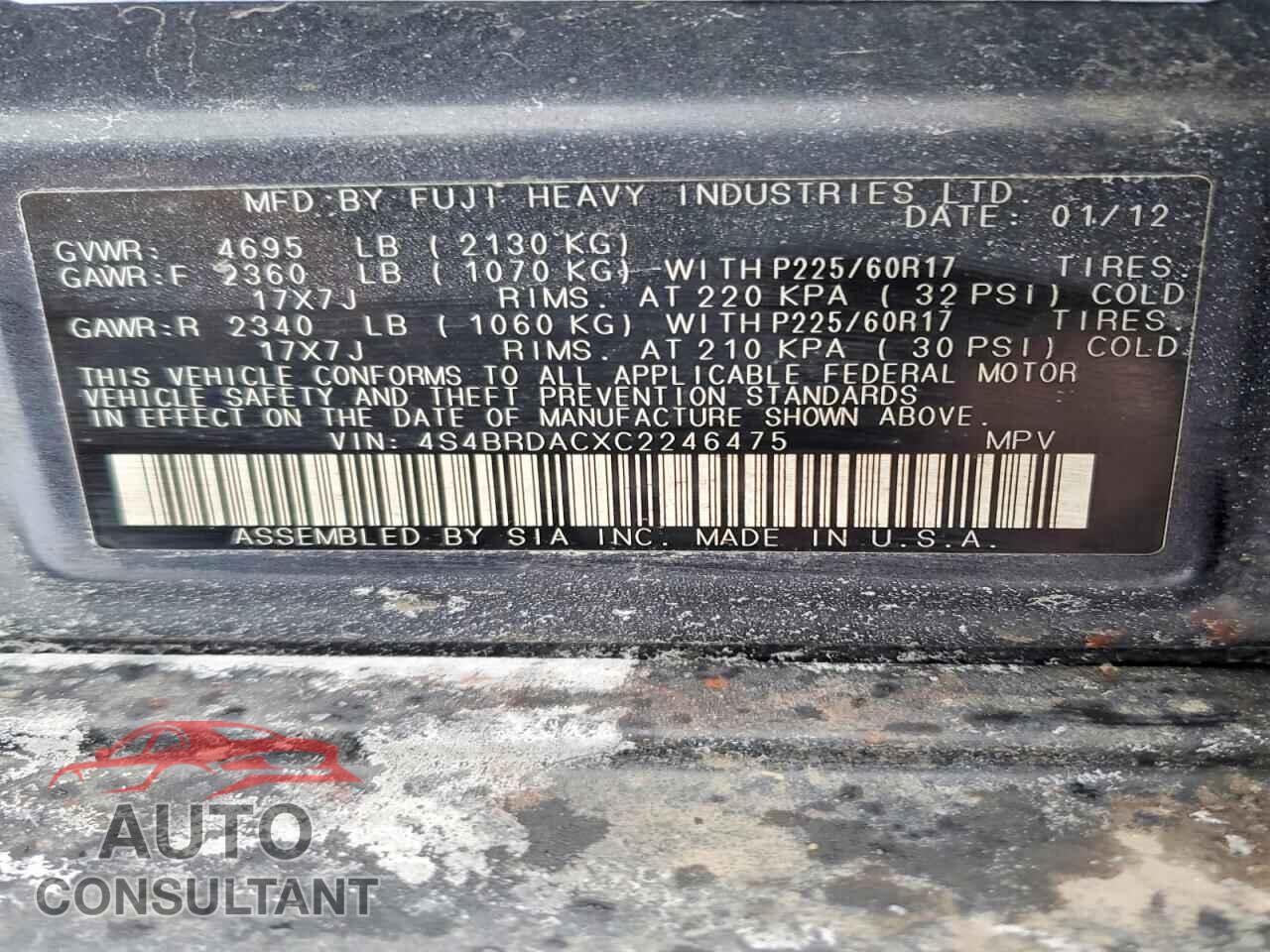 SUBARU OUTBACK 2012 - 4S4BRDACXC2246475