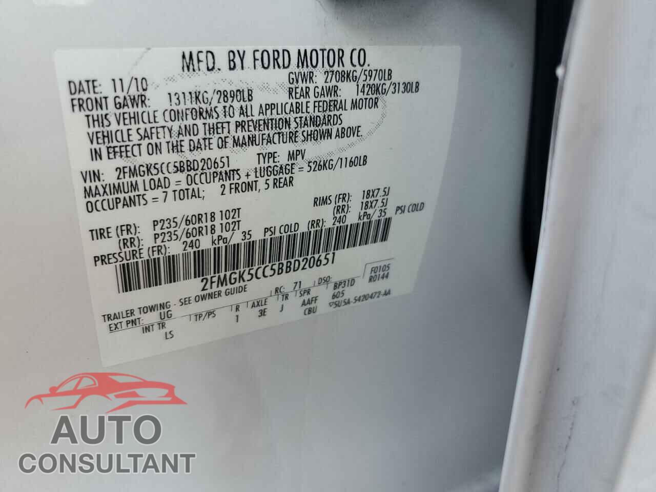 FORD FLEX 2011 - 2FMGK5CC5BBD20651