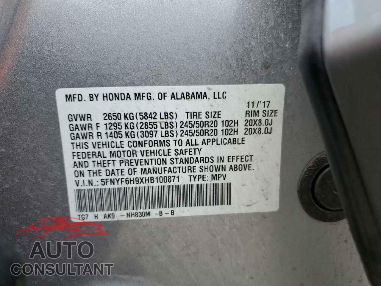 HONDA PILOT 2017 - 5FNYF6H9XHB100871