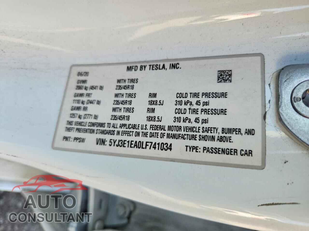 TESLA MODEL 3 2020 - 5YJ3E1EA0LF741034