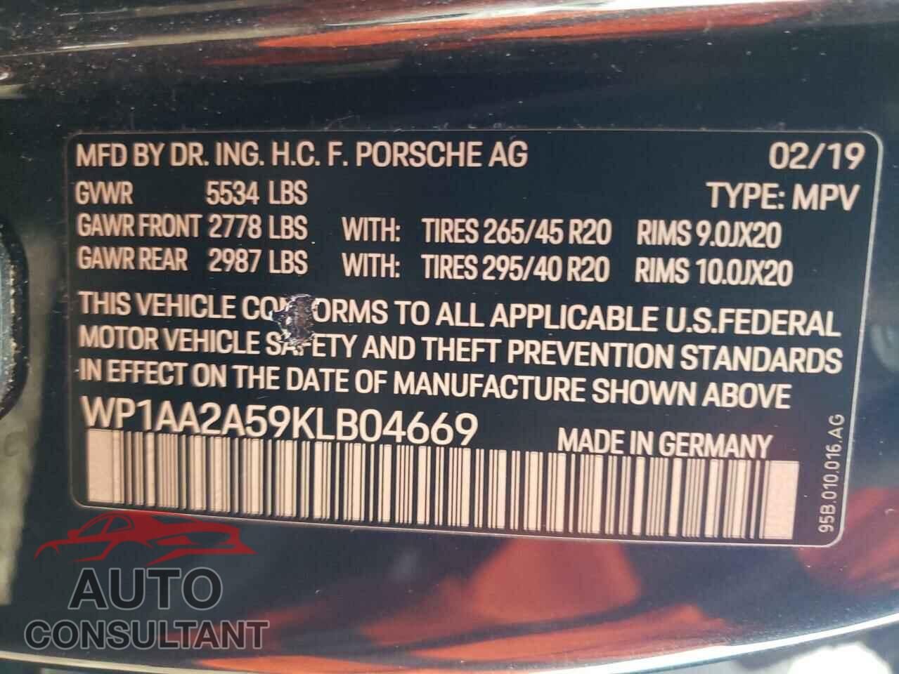 PORSCHE MACAN 2019 - WP1AA2A59KLB04669
