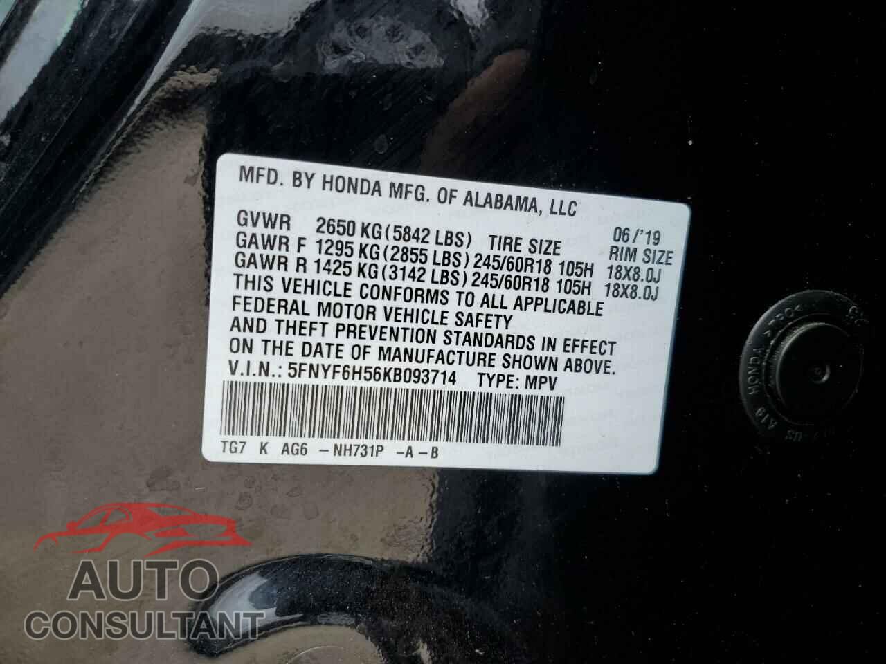 HONDA PILOT 2019 - 5FNYF6H56KB093714