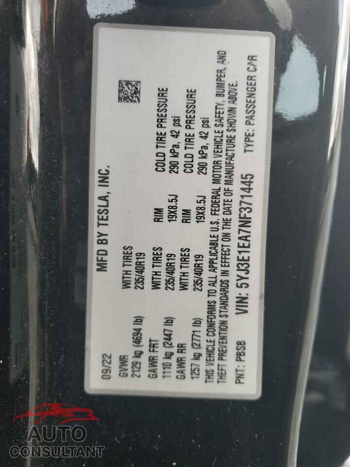 TESLA MODEL 3 2022 - 5YJ3E1EA7NF371445
