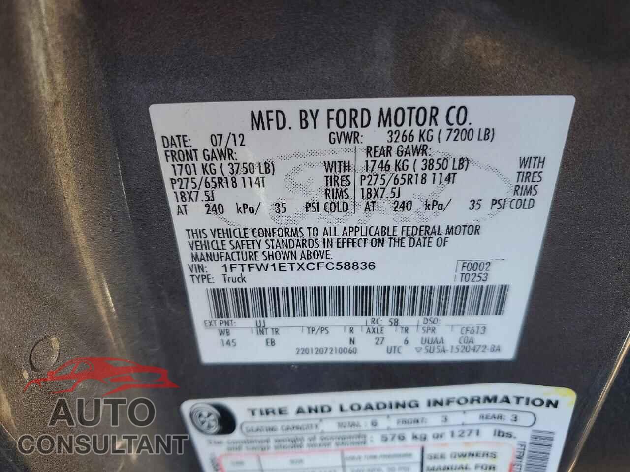 FORD F150 2012 - 1FTFW1ETXCFC58836
