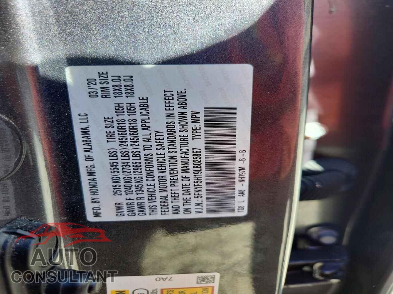 HONDA PILOT 2020 - 5FNYF5H19LB025867
