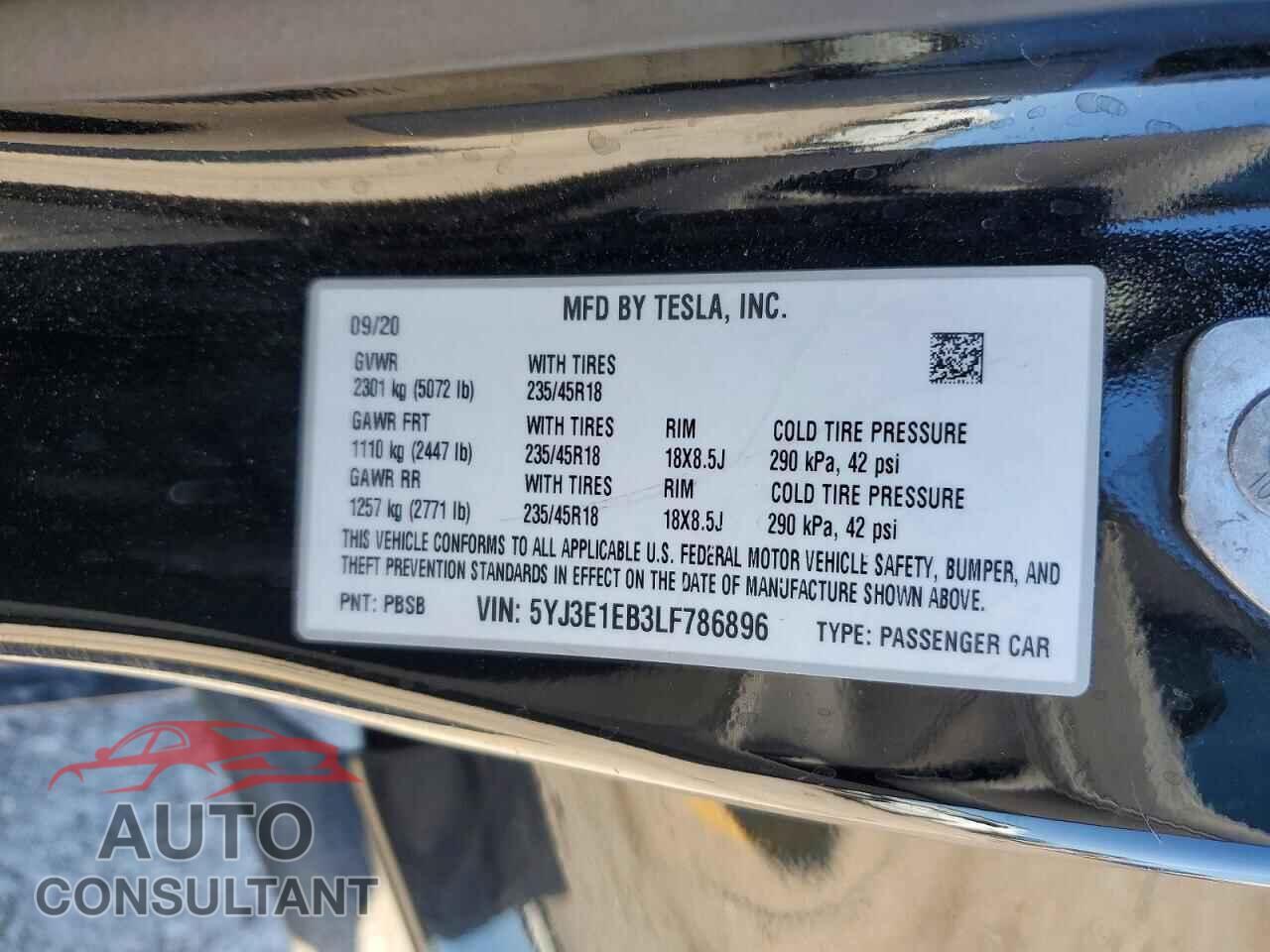 TESLA MODEL 3 2020 - 5YJ3E1EB3LF786896