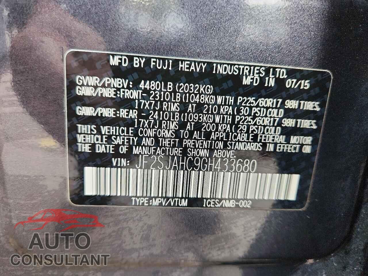 SUBARU FORESTER 2016 - JF2SJAHC9GH433680