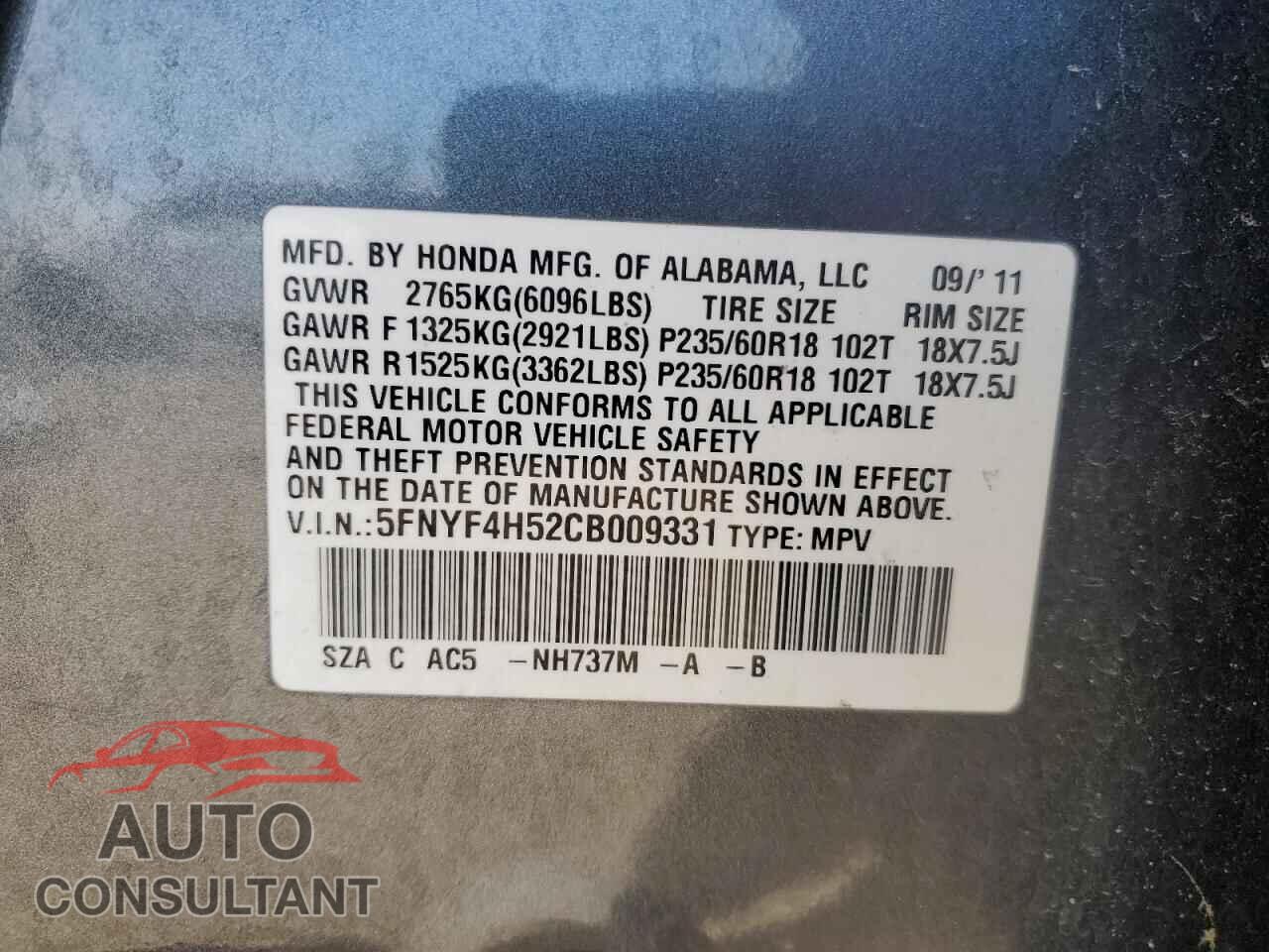 HONDA PILOT 2012 - 5FNYF4H52CB009331