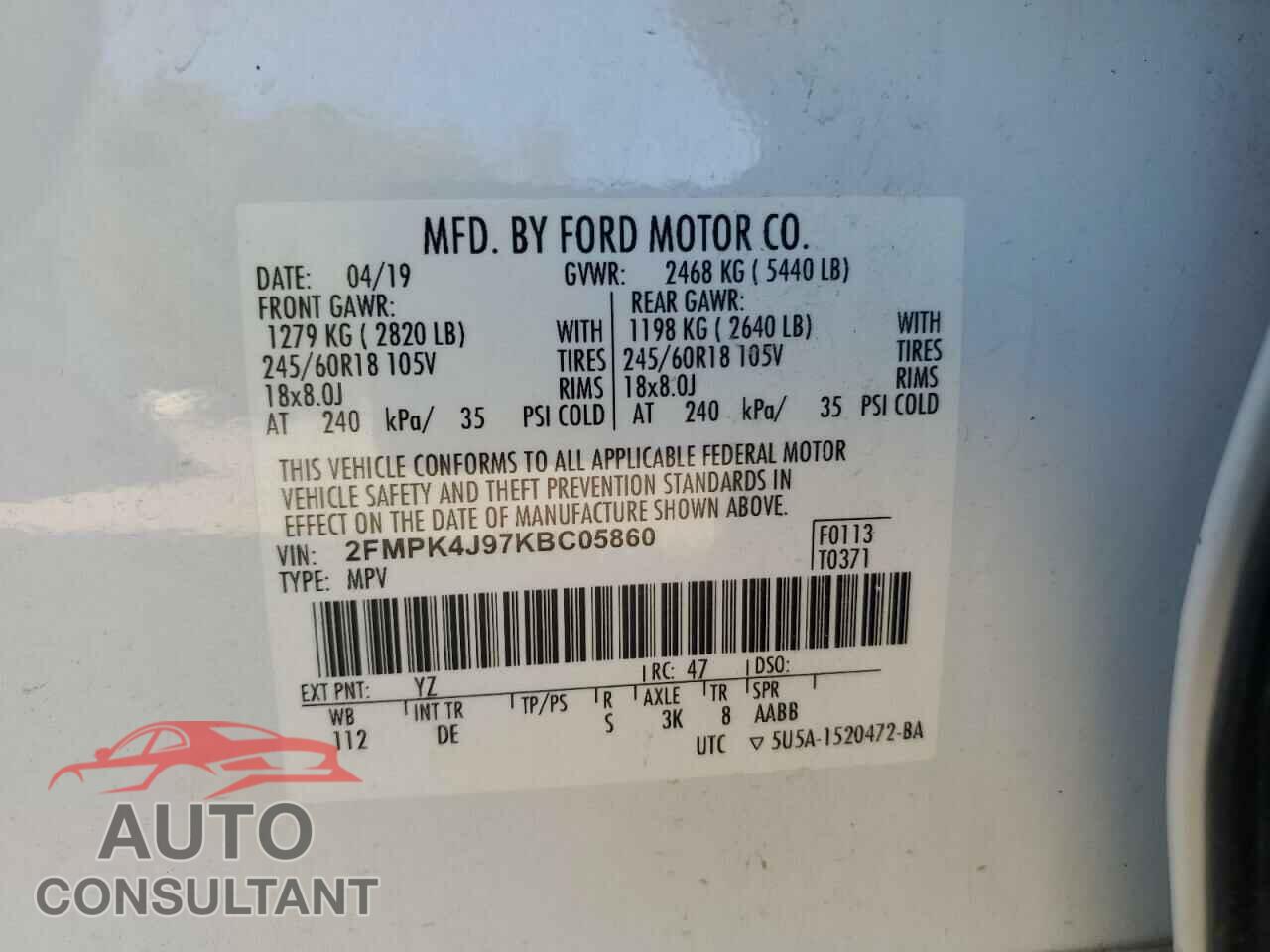FORD EDGE 2019 - 2FMPK4J97KBC05860