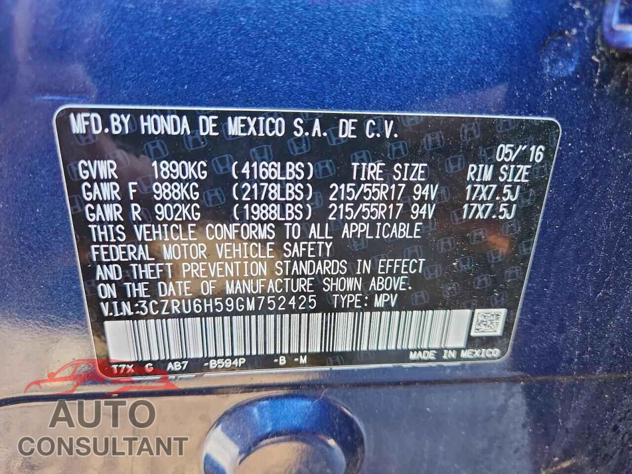 HONDA HR-V 2016 - 3CZRU6H59GM752425