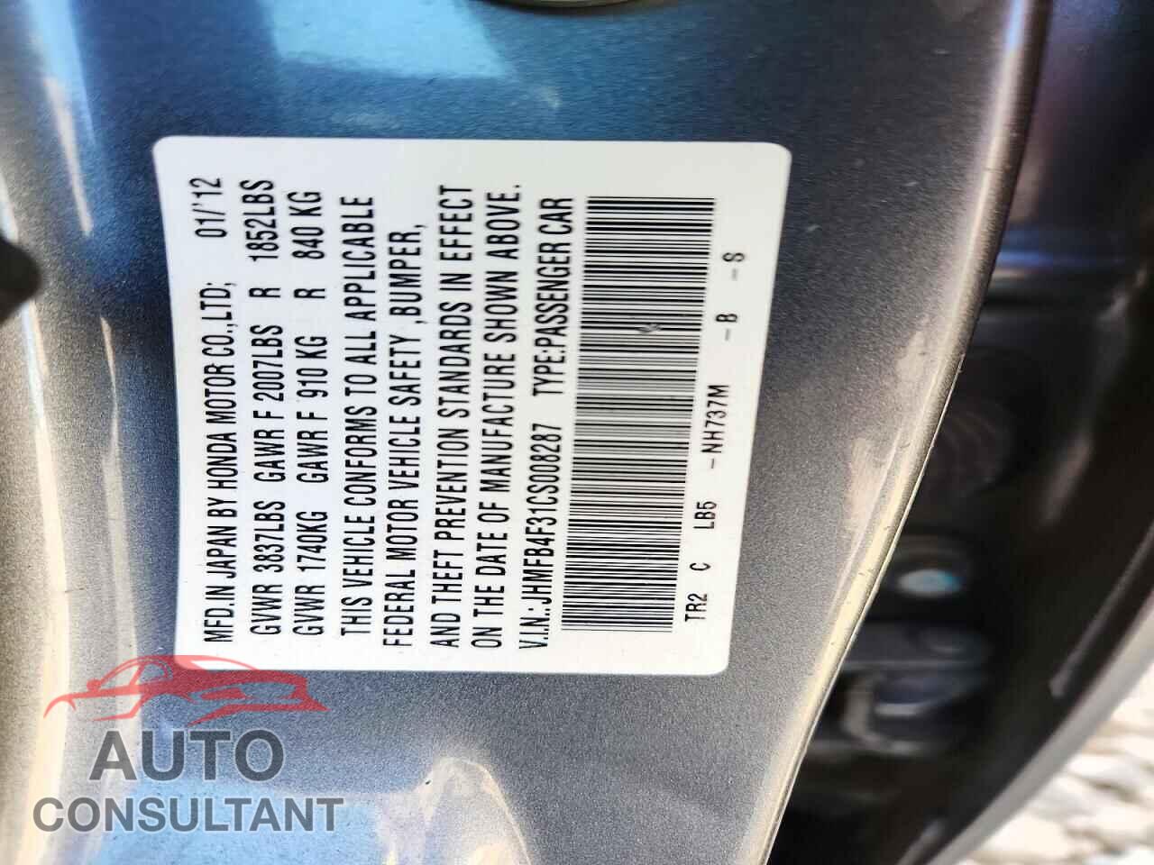 HONDA CIVIC 2012 - JHMFB4F31CS008287