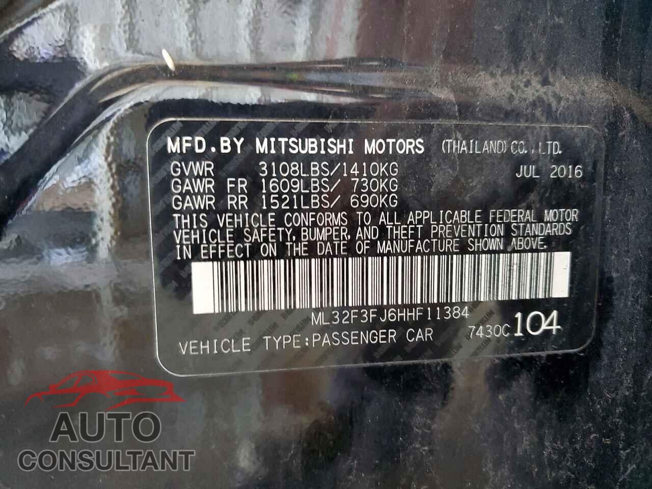 MITSUBISHI MIRAGE 2017 - ML32F3FJ6HHF11384