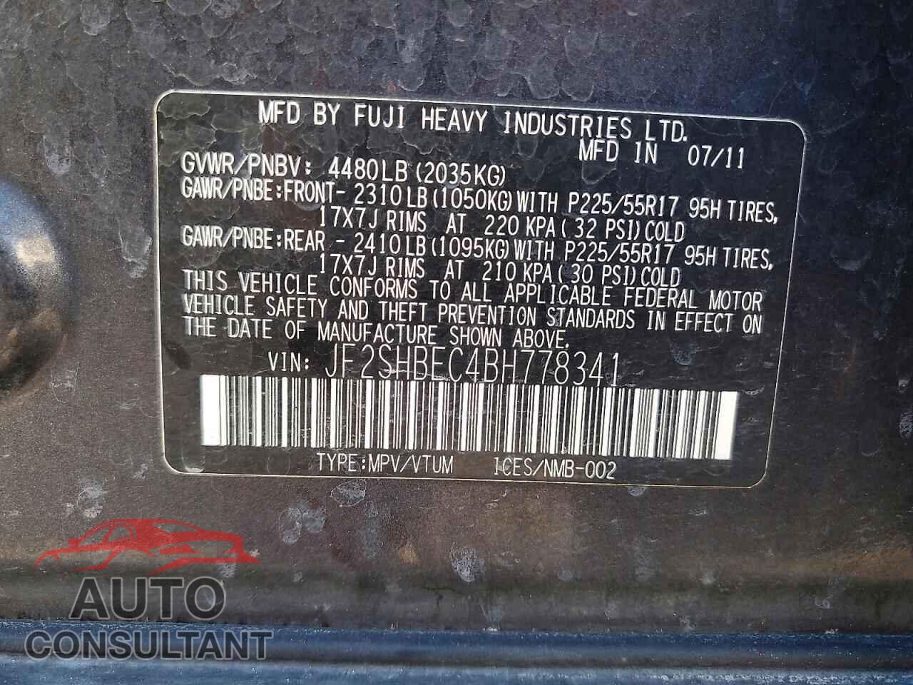 SUBARU FORESTER 2011 - JF2SHBEC4BH778341