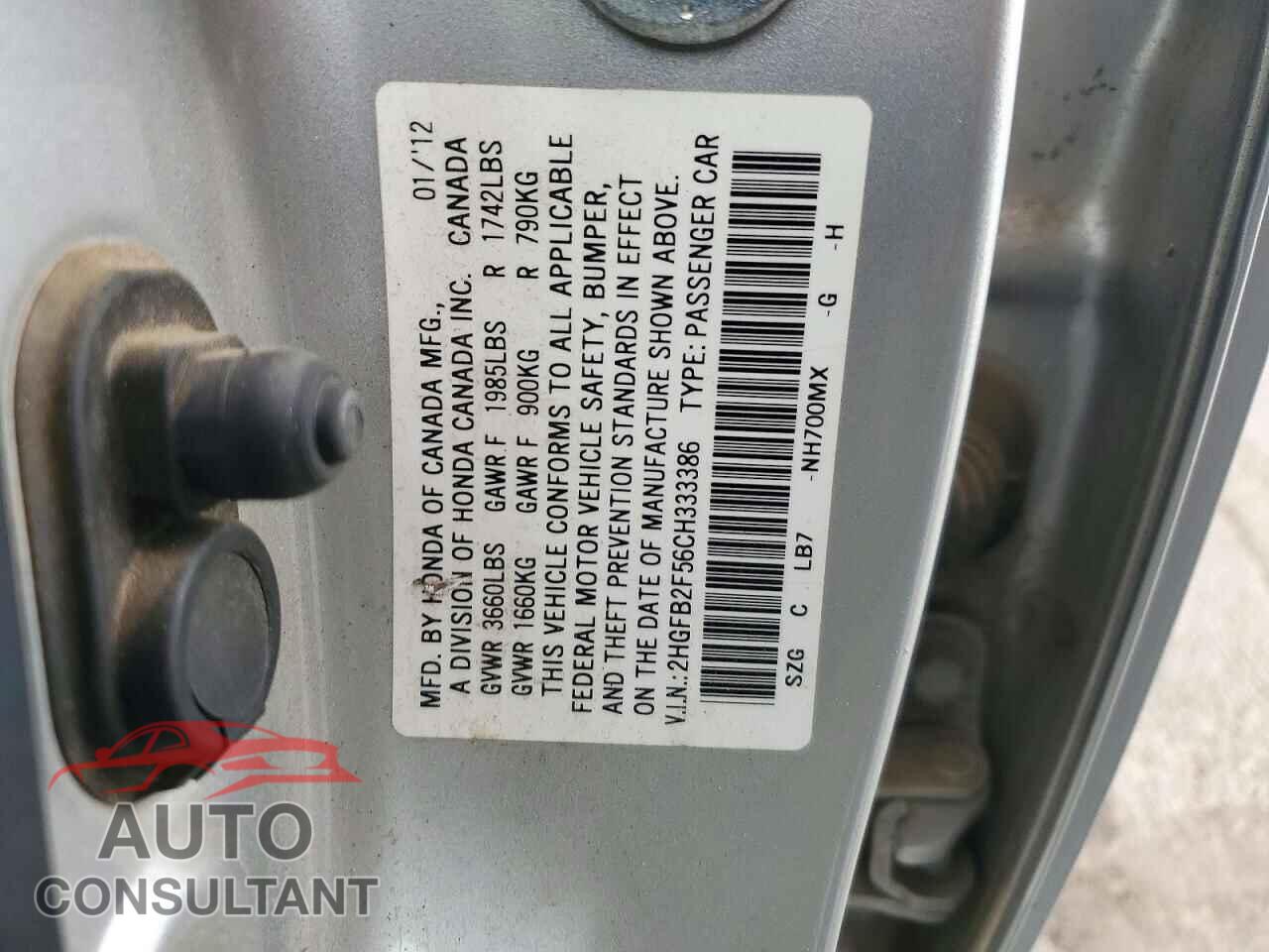 HONDA CIVIC 2012 - 2HGFB2F56CH333386