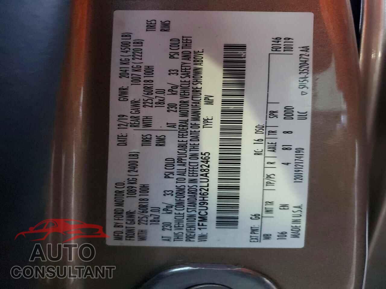 FORD ESCAPE 2020 - 1FMCU9H62LUA82465