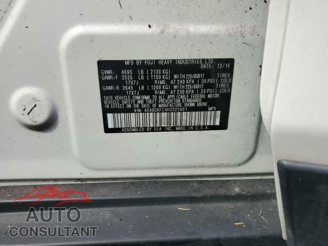SUBARU OUTBACK 2017 - 4S4BSAFC4H3322401