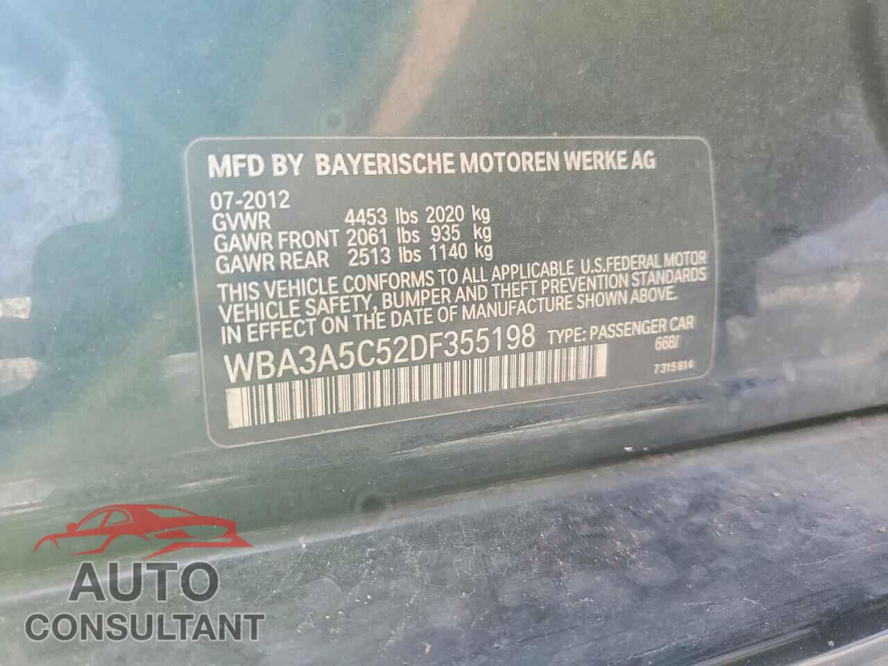 BMW 3 SERIES 2013 - WBA3A5C52DF355198