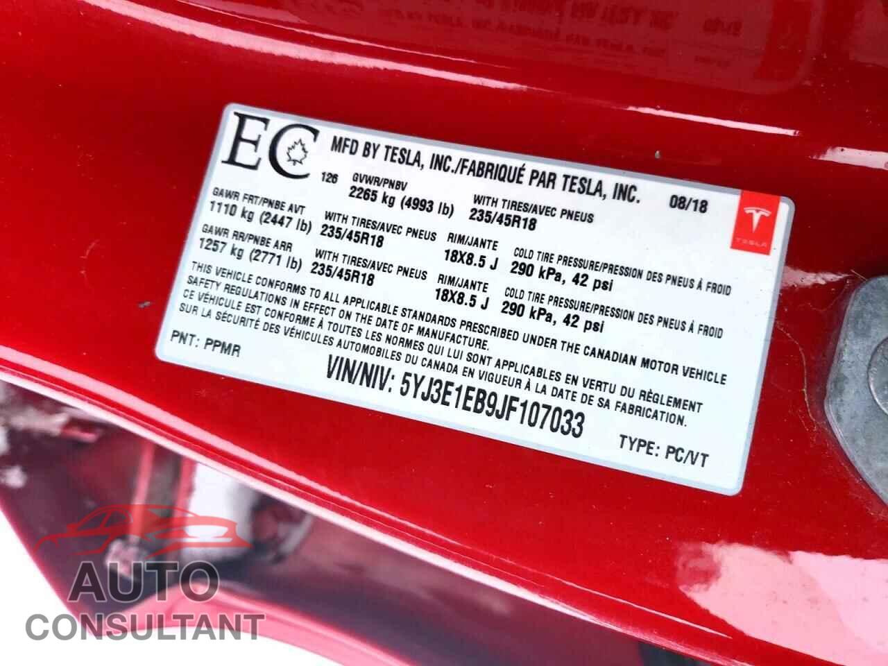 TESLA MODEL 3 2018 - 5YJ3E1EB9JF107033