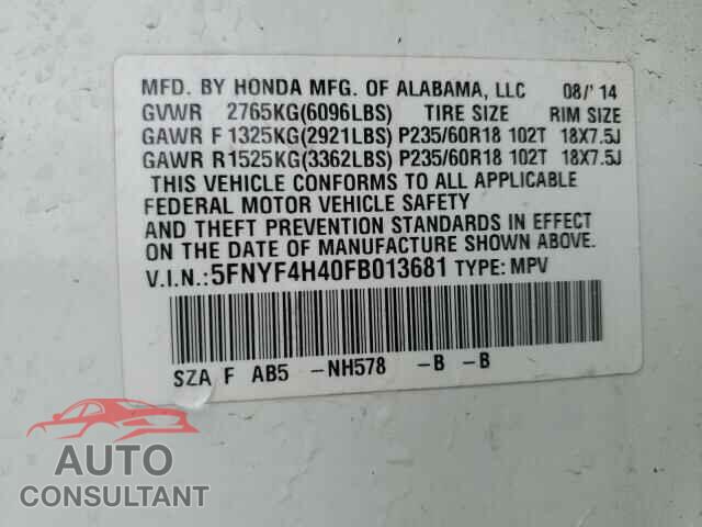 HONDA PILOT 2015 - 5FNYF4H40FB013681