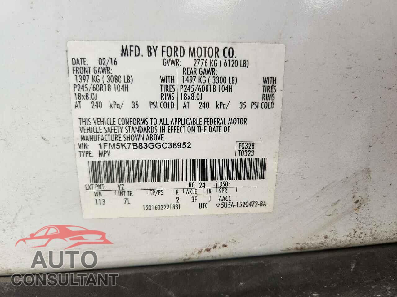 FORD EXPLORER 2016 - 1FM5K7B83GGC38952