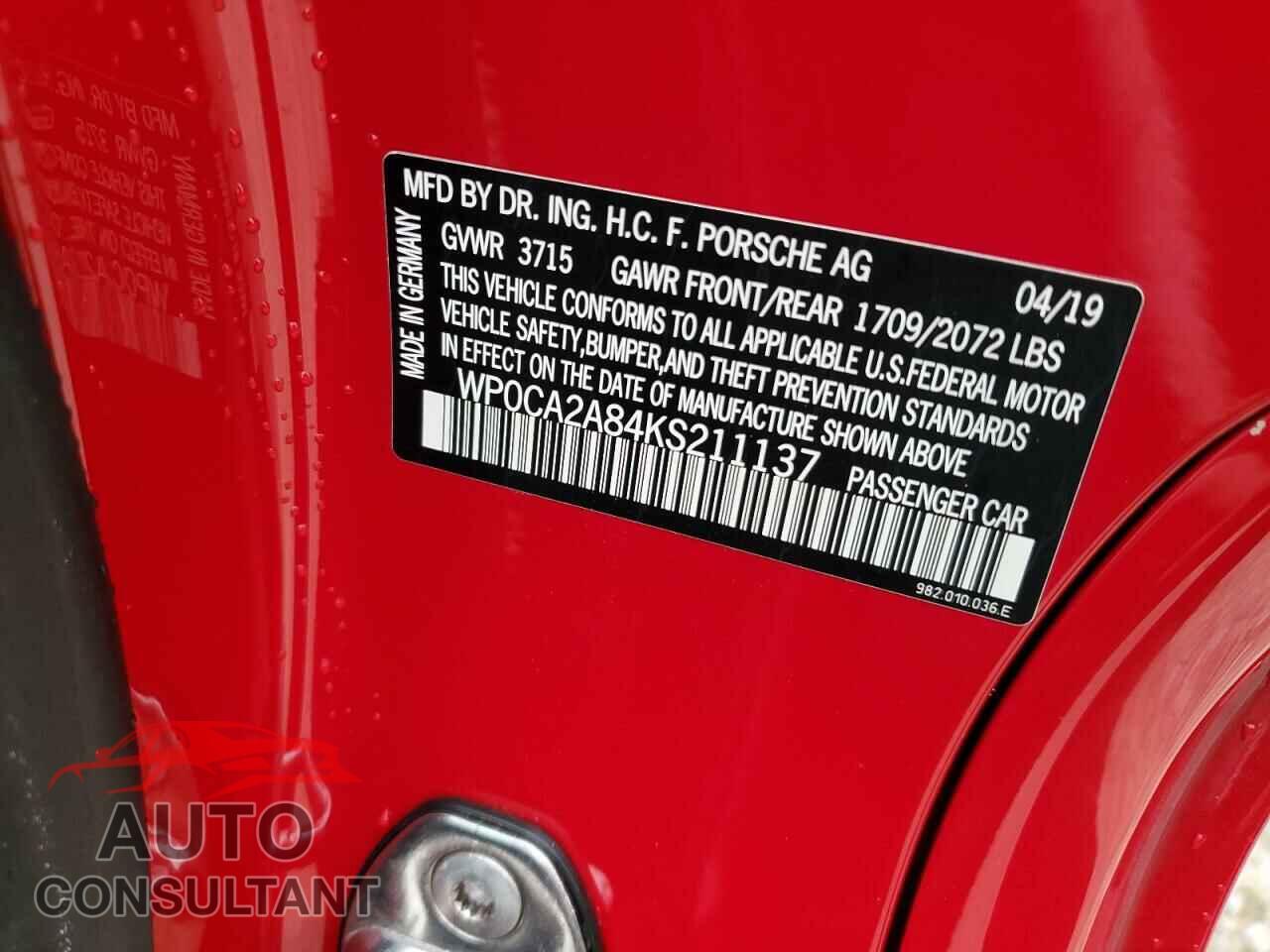 PORSCHE BOXSTER 2019 - WP0CA2A84KS211137