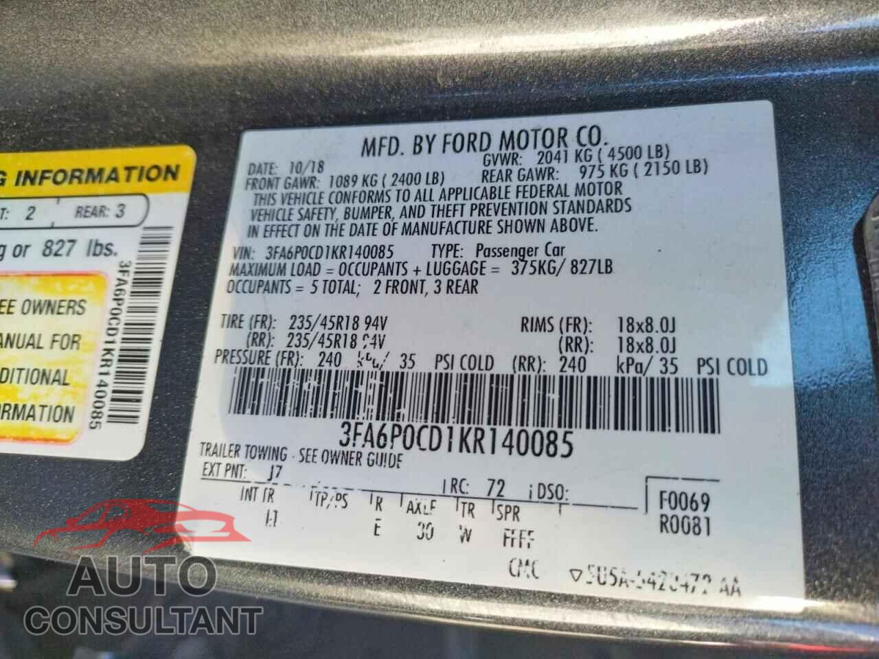 FORD FUSION 2019 - 3FA6P0CD1KR140085
