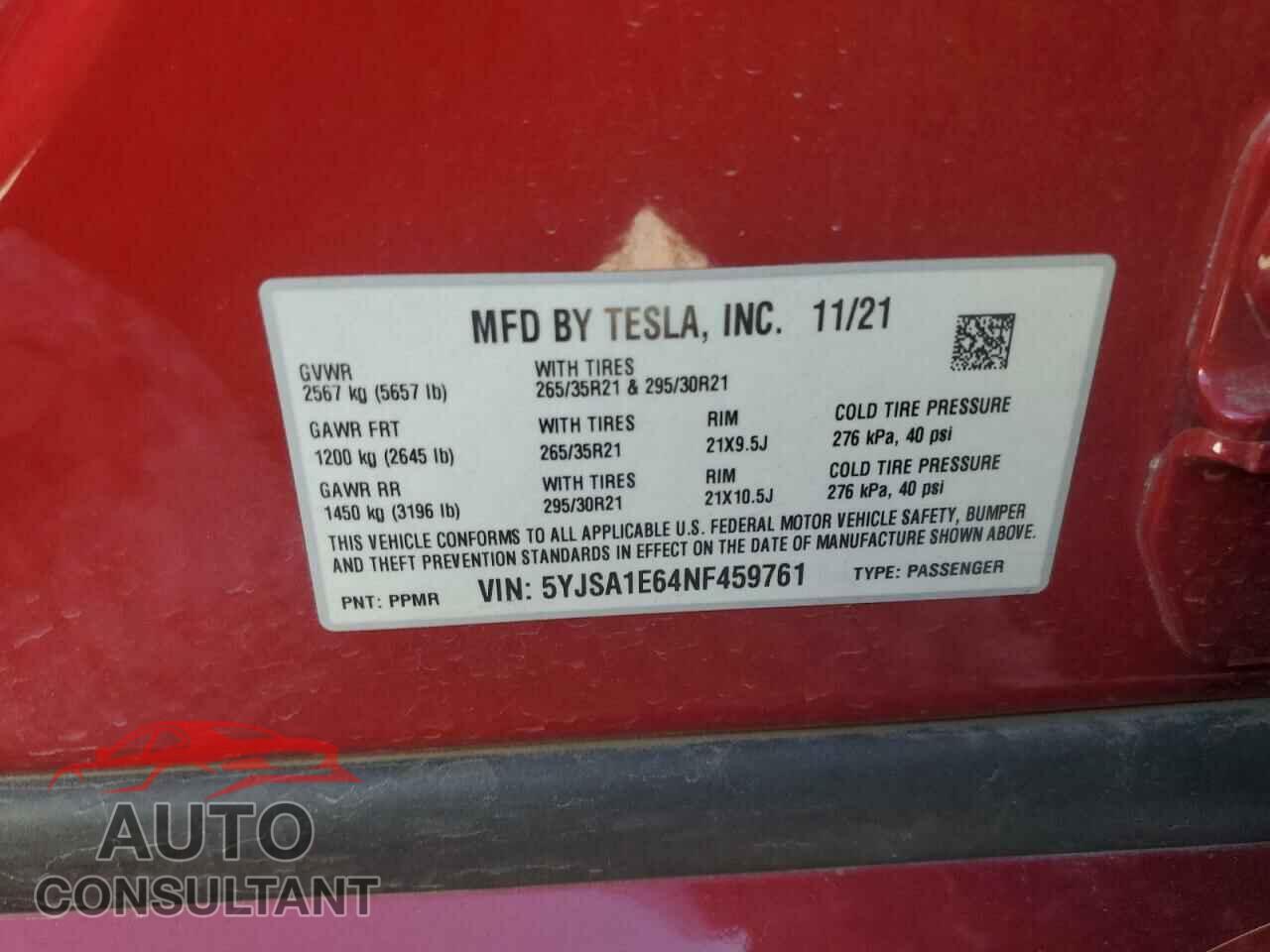 TESLA MODEL S 2022 - 5YJSA1E64NF459761