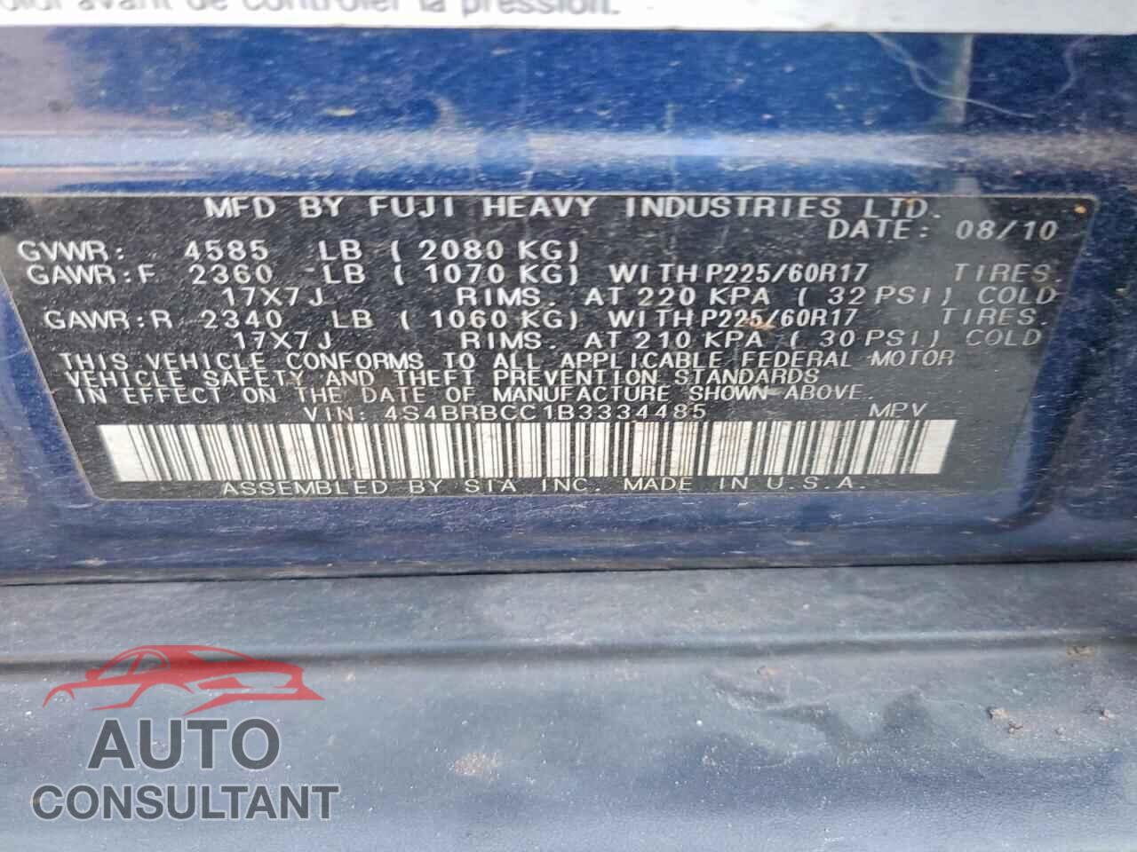 SUBARU OUTBACK 2011 - 4S4BRBCC1B3334485