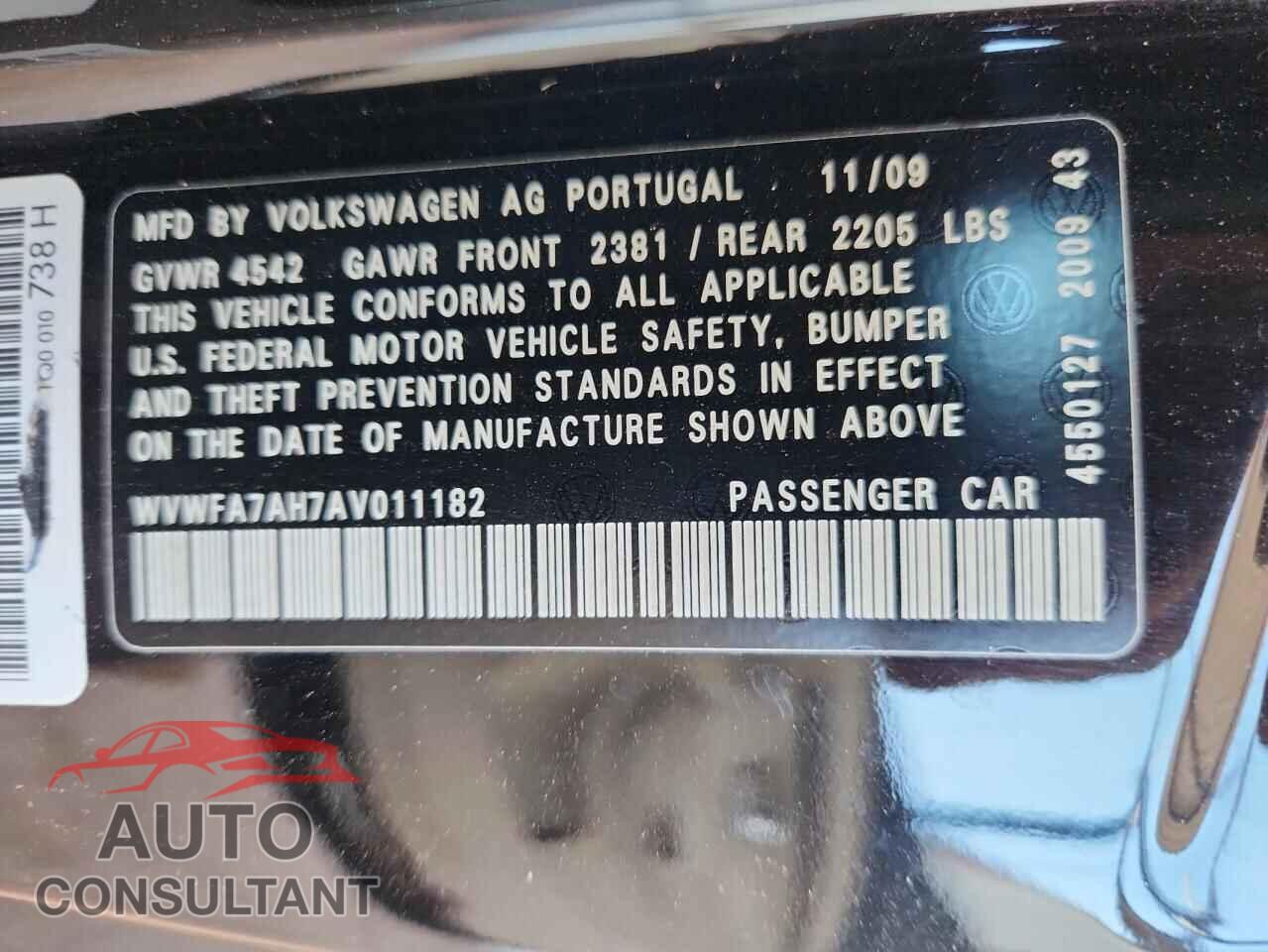 VOLKSWAGEN EOS 2010 - WVWFA7AH7AV011182