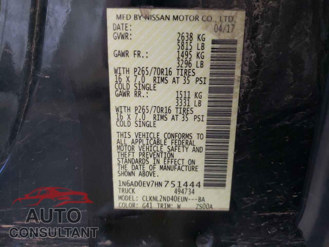 NISSAN FRONTIER 2017 - 1N6AD0EV7HN751444