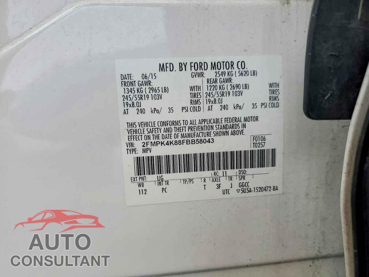 FORD EDGE 2015 - 2FMPK4K88FBB58043