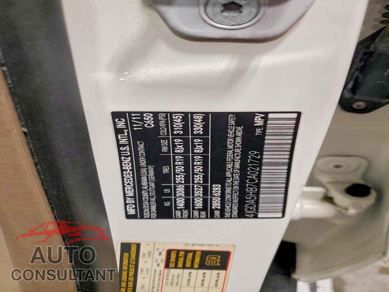 MERCEDES-BENZ ML 2012 - 4JGDA5HB7CA021729