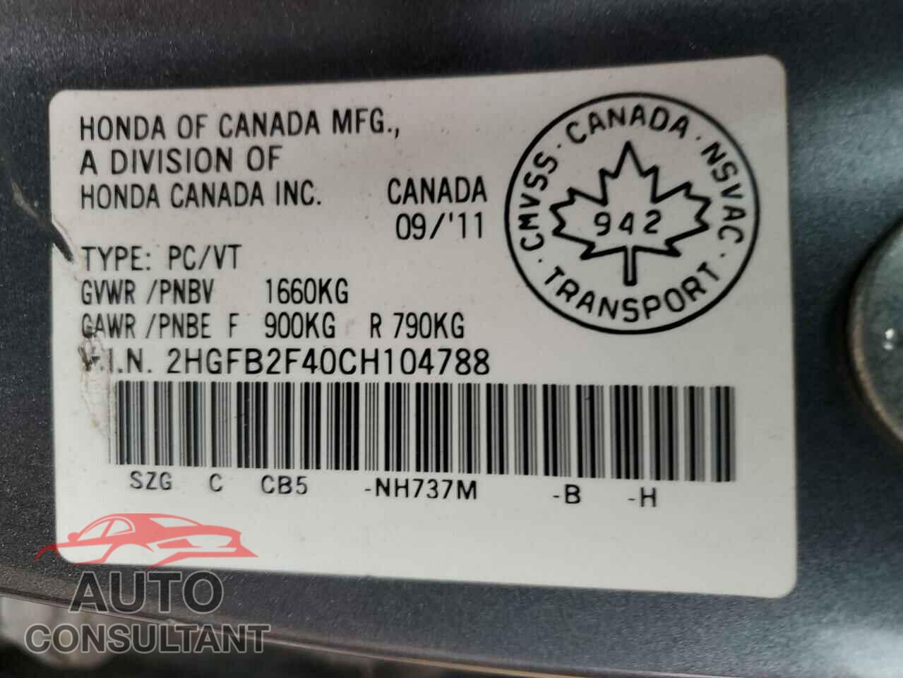 HONDA CIVIC 2012 - 2HGFB2F40CH104788