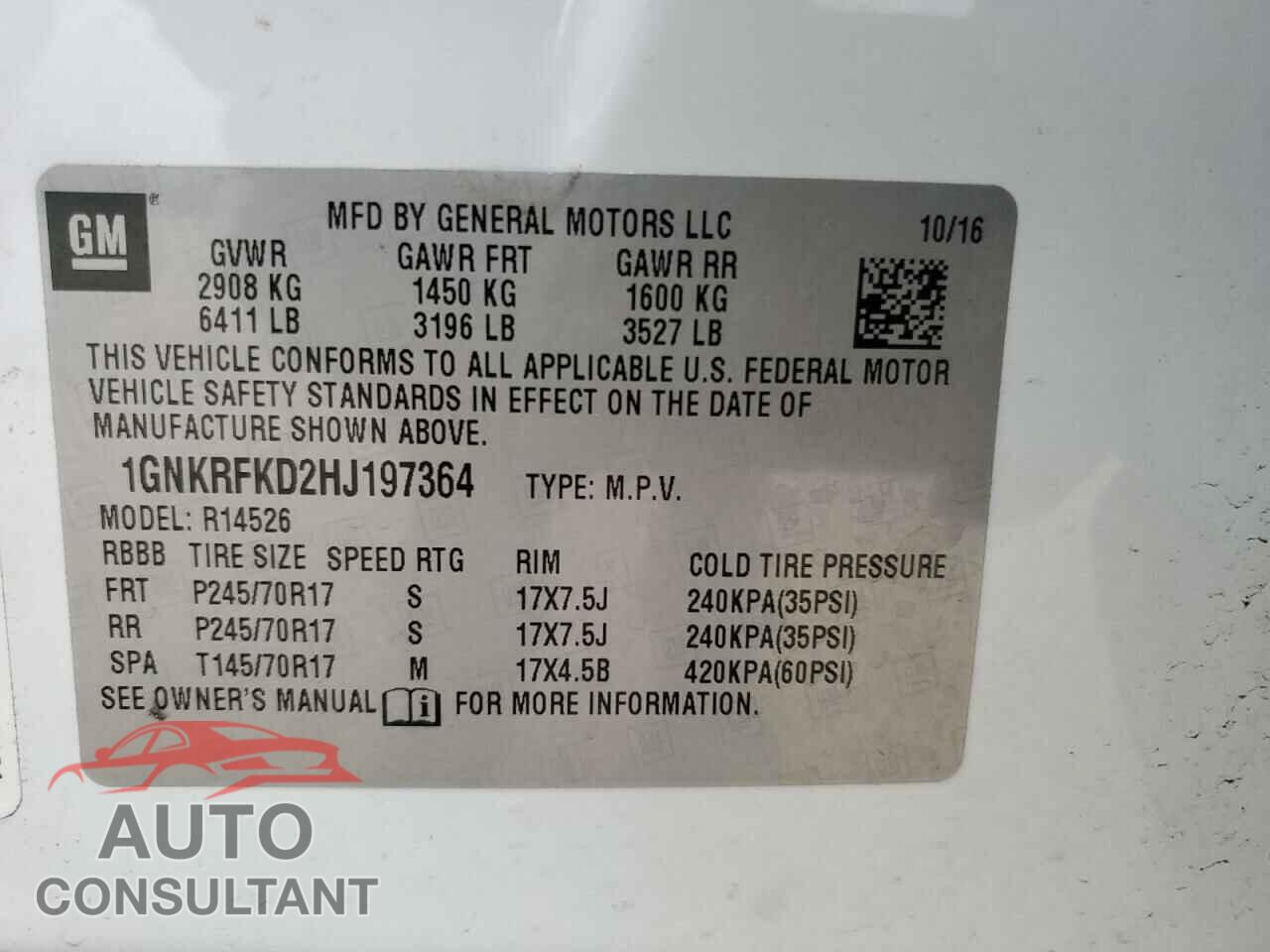 CHEVROLET TRAVERSE 2017 - 1GNKRFKD2HJ197364