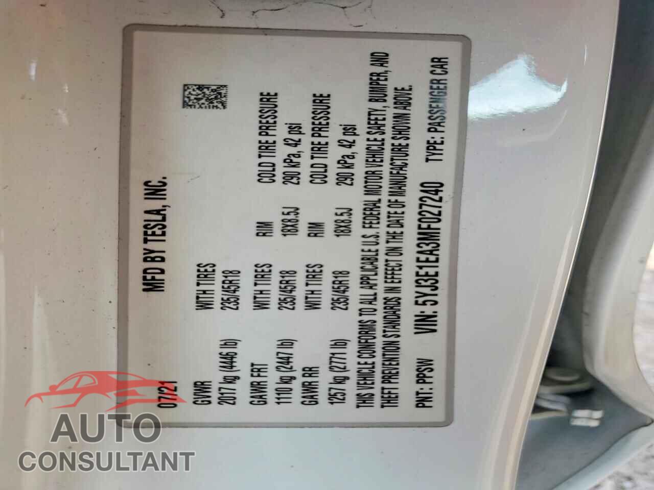 TESLA MODEL 3 2021 - 5YJ3E1EA3MF027240