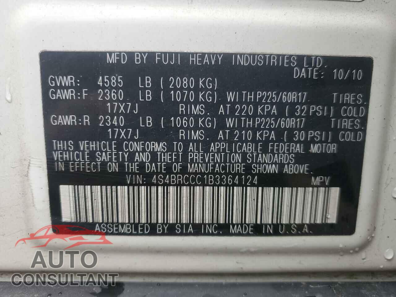 SUBARU OUTBACK 2011 - 4S4BRCCC1B3364124
