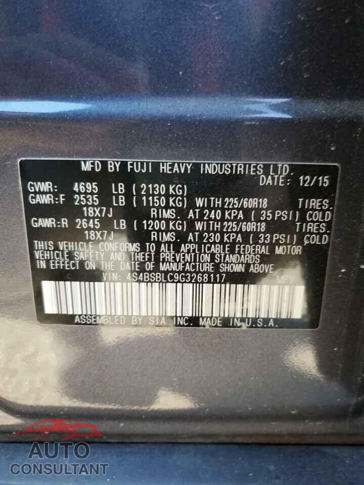 SUBARU OUTBACK 2016 - 4S4BSBLC9G3268117