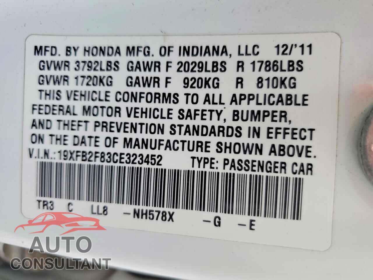 HONDA CIVIC 2012 - 19XFB2F83CE323452