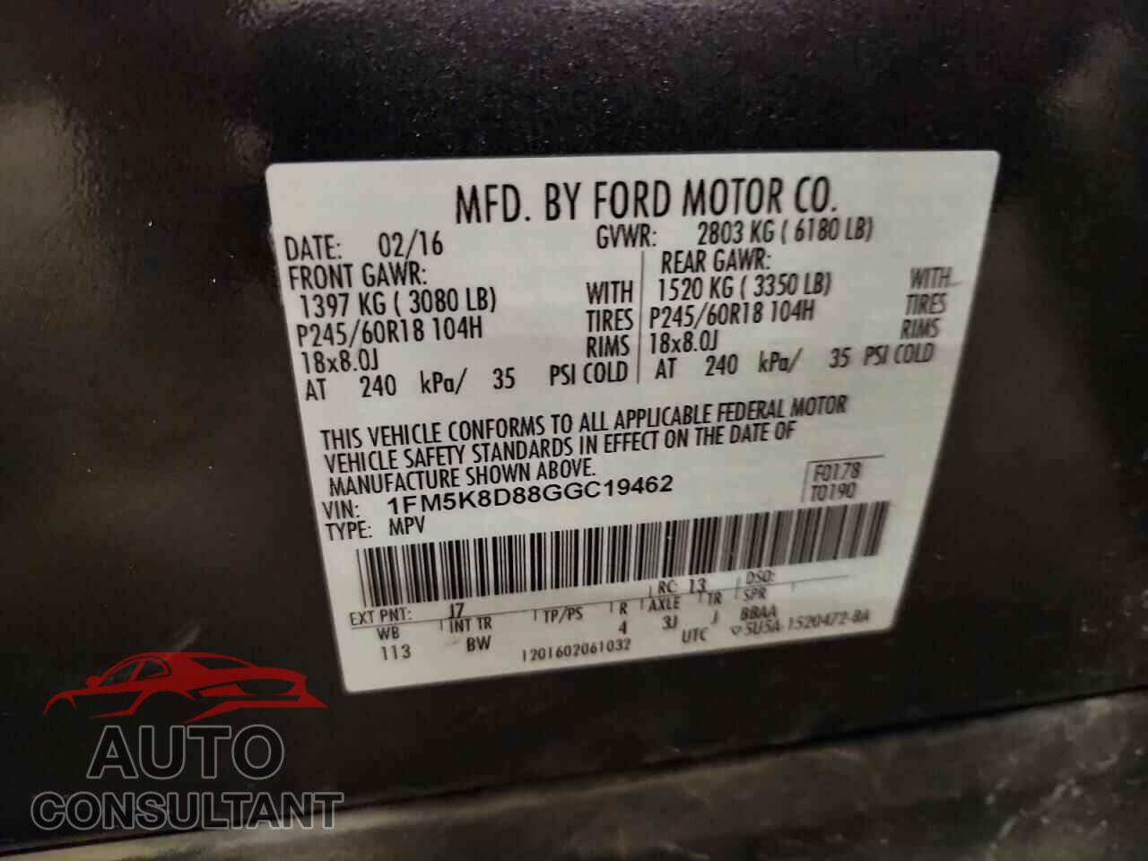 FORD EXPLORER 2016 - 1FM5K8D88GGC19462