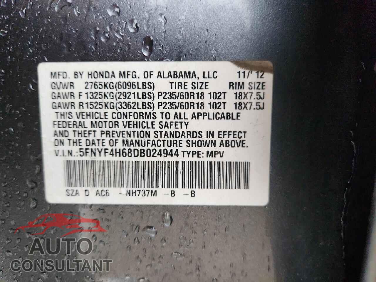 HONDA PILOT 2013 - 5FNYF4H68DB024944