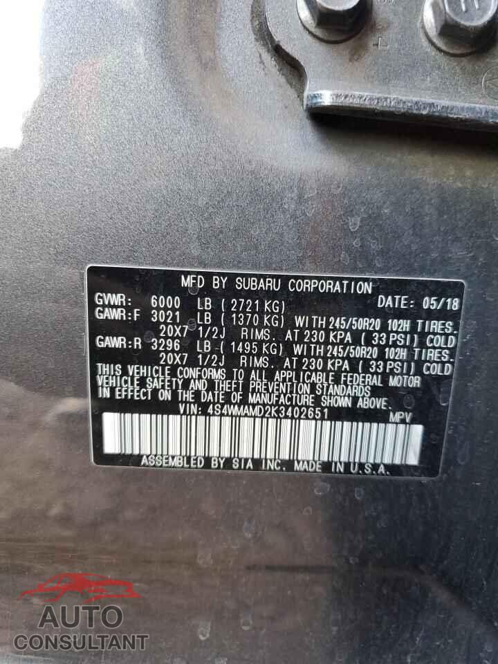 SUBARU ASCENT 2019 - 4S4WMAMD2K3402651