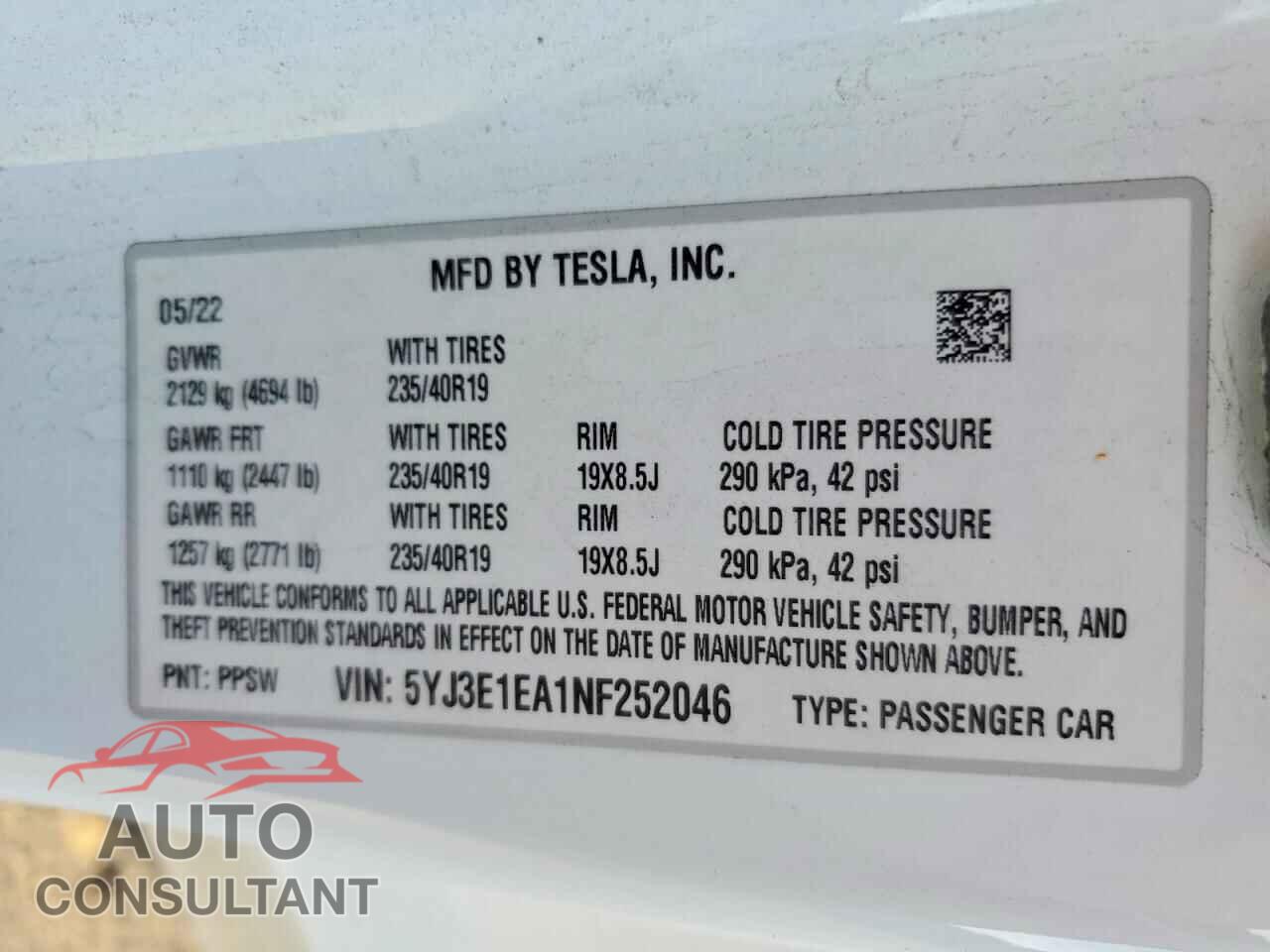 TESLA MODEL 3 2022 - 5YJ3E1EA1NF252046
