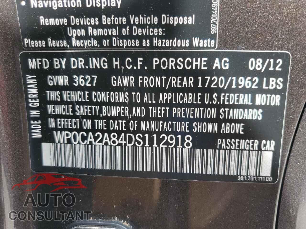 PORSCHE BOXSTER 2013 - WP0CA2A84DS112918