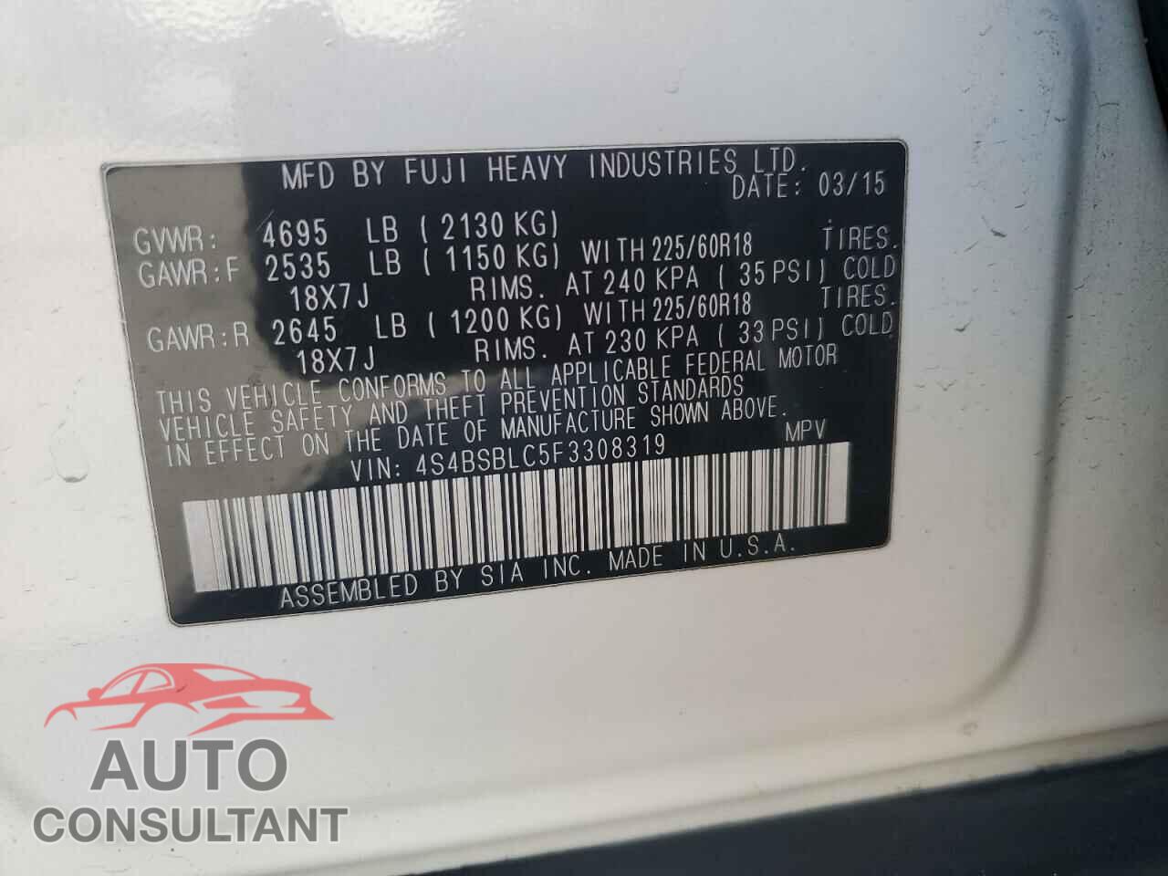 SUBARU OUTBACK 2015 - 4S4BSBLC5F3308319