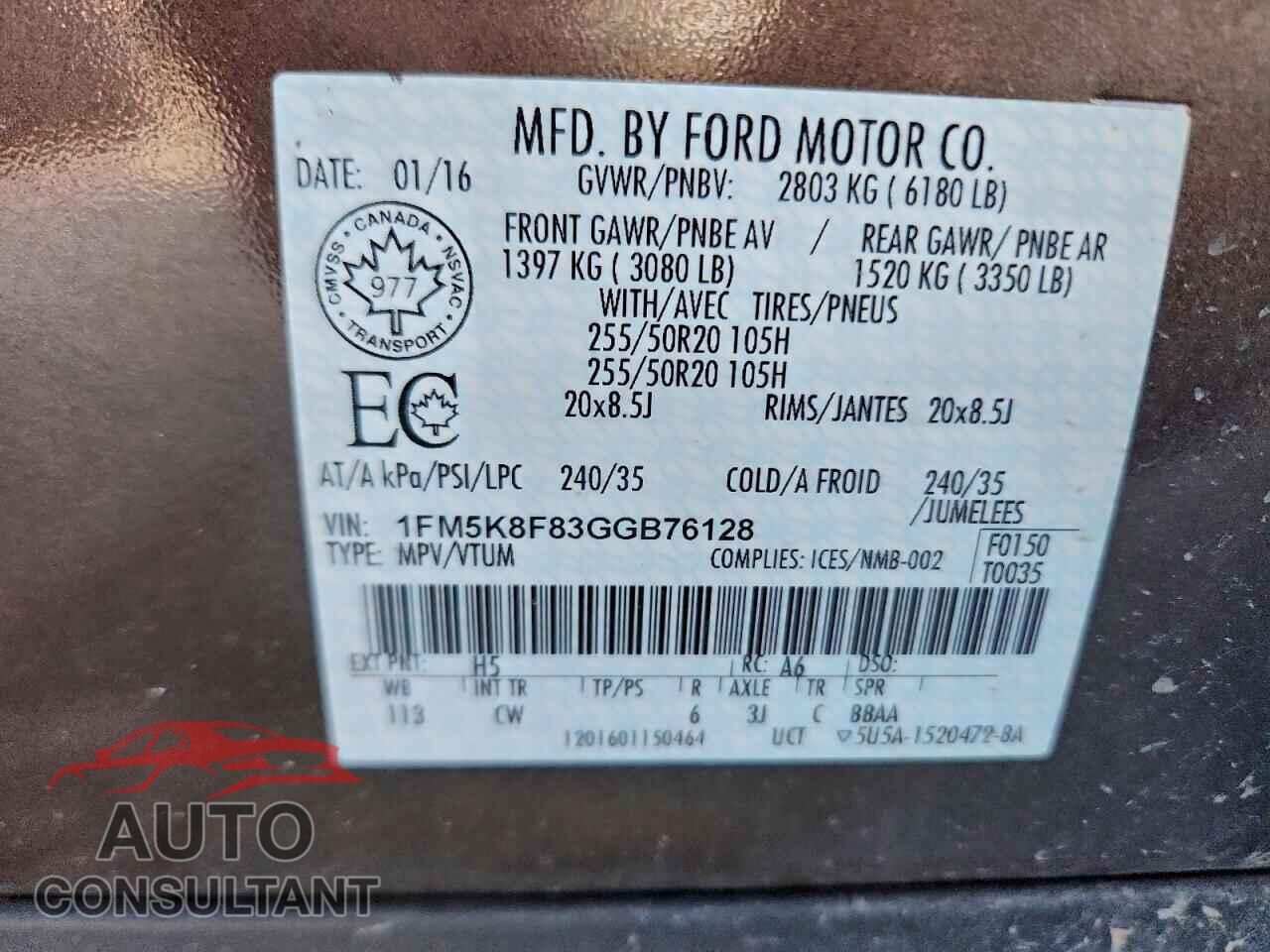 FORD EXPLORER 2016 - 1FM5K8F83GGB76128