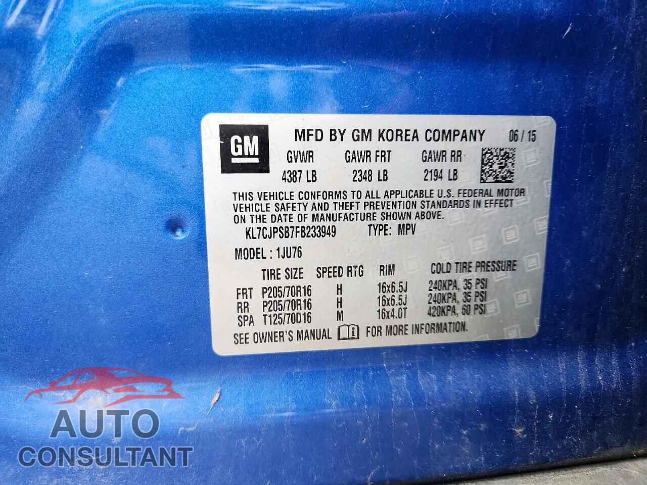 CHEVROLET TRAX 2015 - KL7CJPSB7FB233949