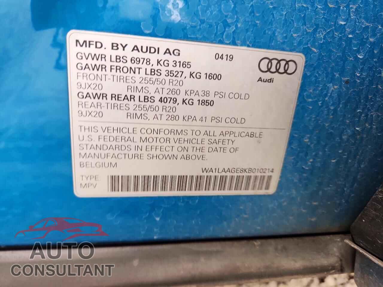 AUDI E-TRON 2019 - WA1LAAGE8KB010214