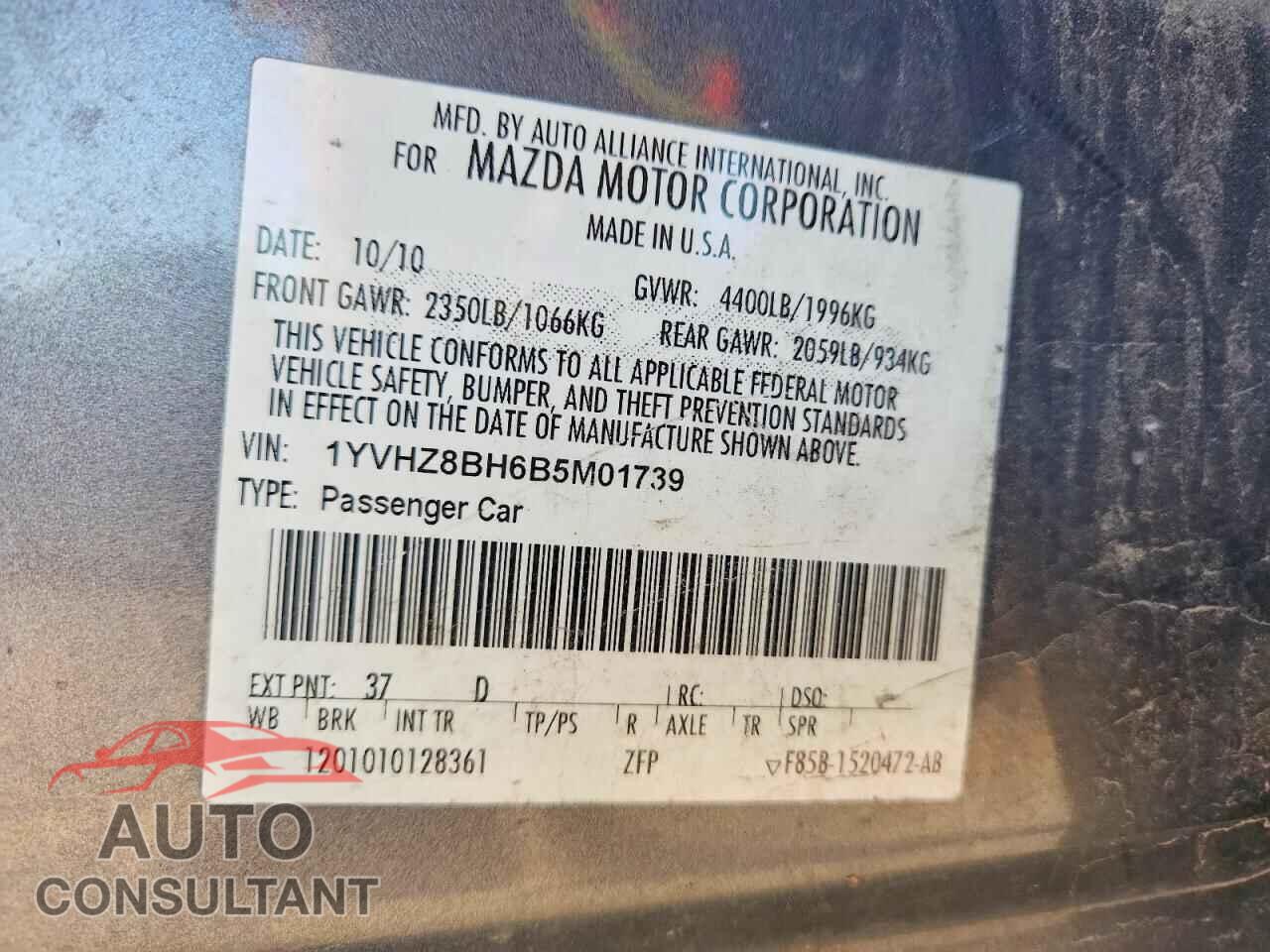 MAZDA 6 2011 - 1YVHZ8BH6B5M01739