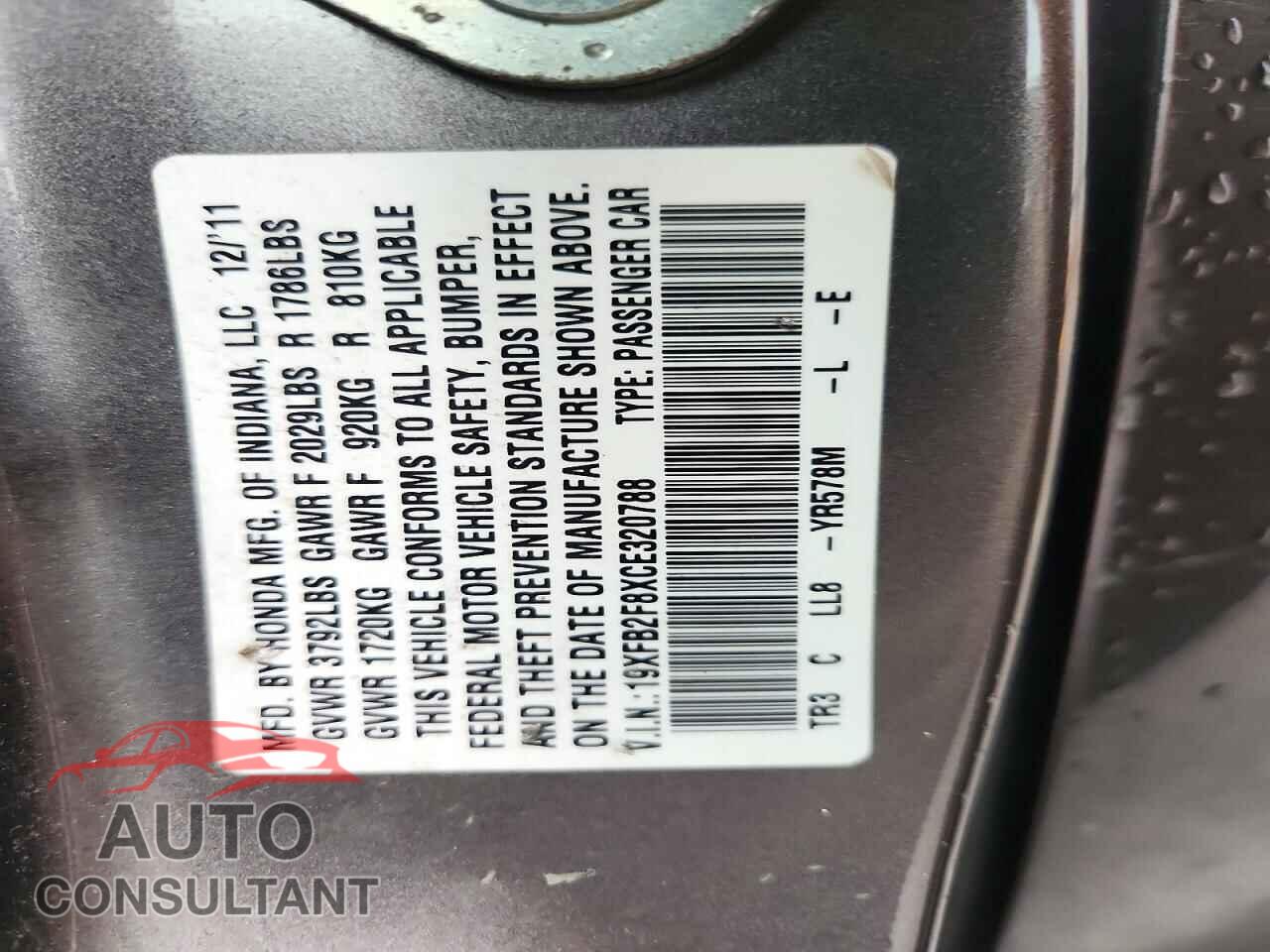 HONDA CIVIC 2012 - 19XFB2F8XCE320788